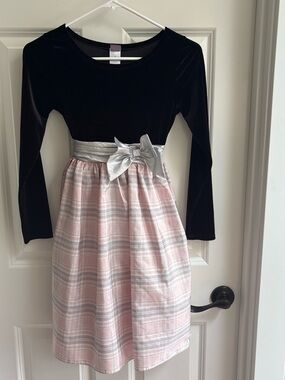 Dollie & Me Black Velvet Top Pink Plaid Skirt Dress with Silver Bow
